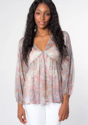 Sheer Long Sleeve Paisley Print Peasant Top