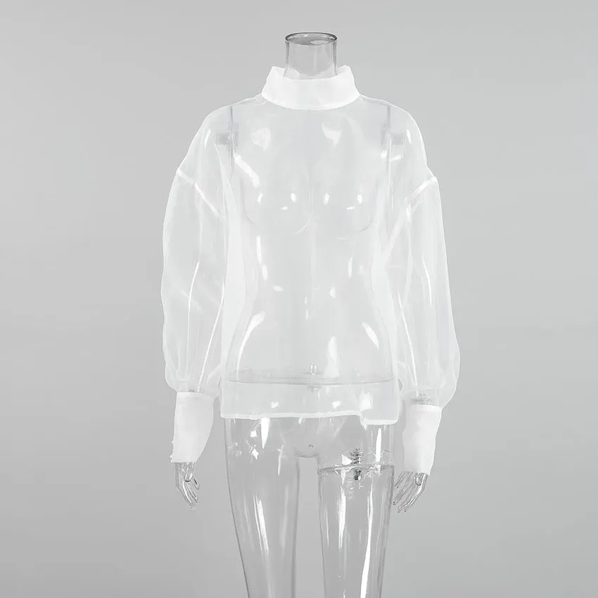 Sheer Mesh Puff Sleeve Shirt Top