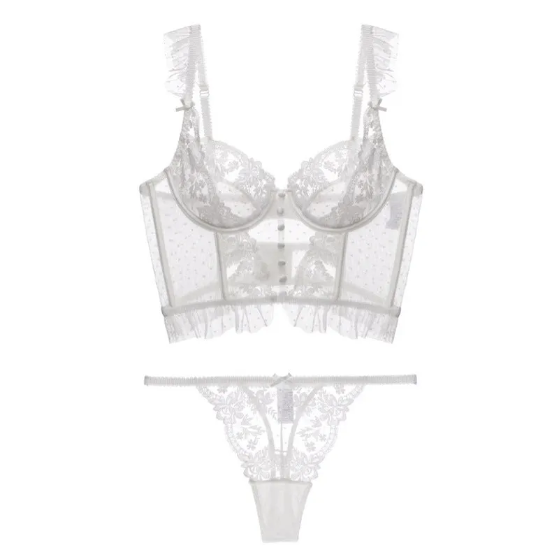 Sheer Ruffle Trim Cropped Top and Cut Out Panty Set