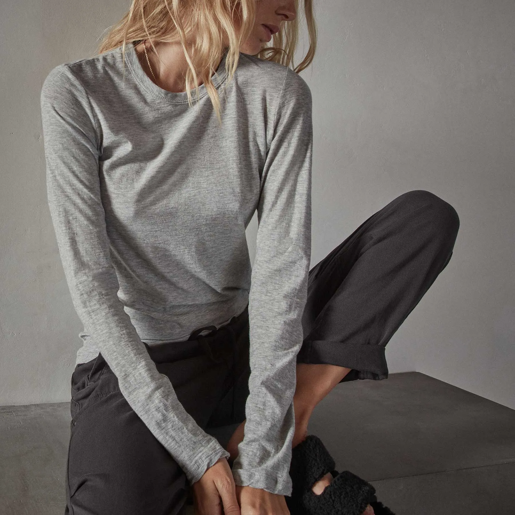 Sheer Slub Long Sleeve Crew Tee - Heather Grey
