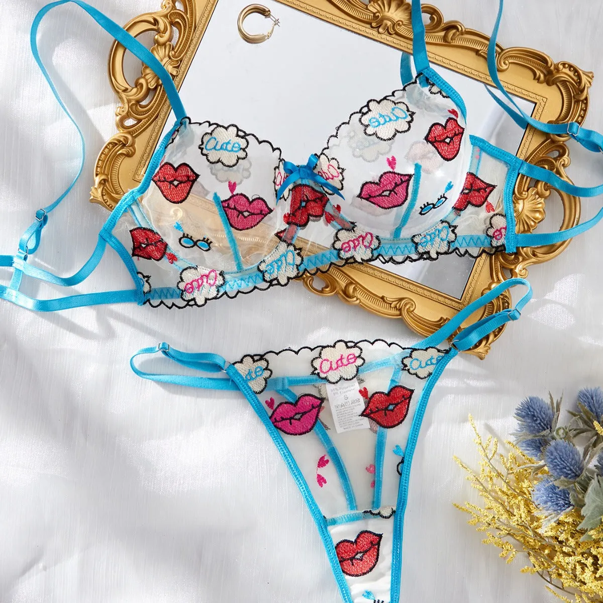 Sheer Valentine's Day Lingerie: Hot & Sexy Red Lips Embroidered Temptation