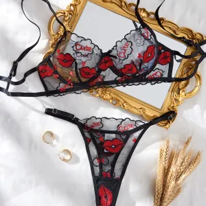 Sheer Valentine's Day Lingerie: Hot & Sexy Red Lips Embroidered Temptation