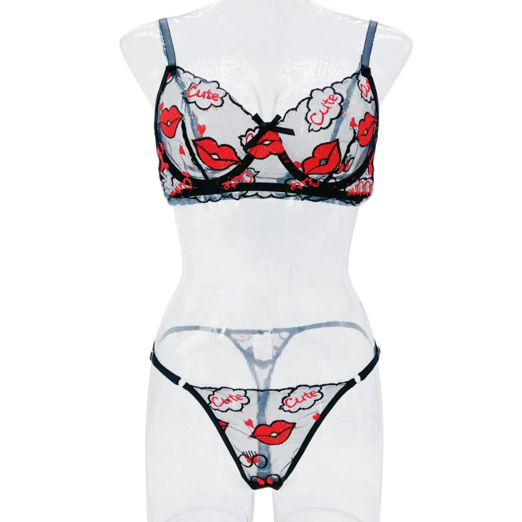 Sheer Valentine's Day Lingerie: Hot & Sexy Red Lips Embroidered Temptation