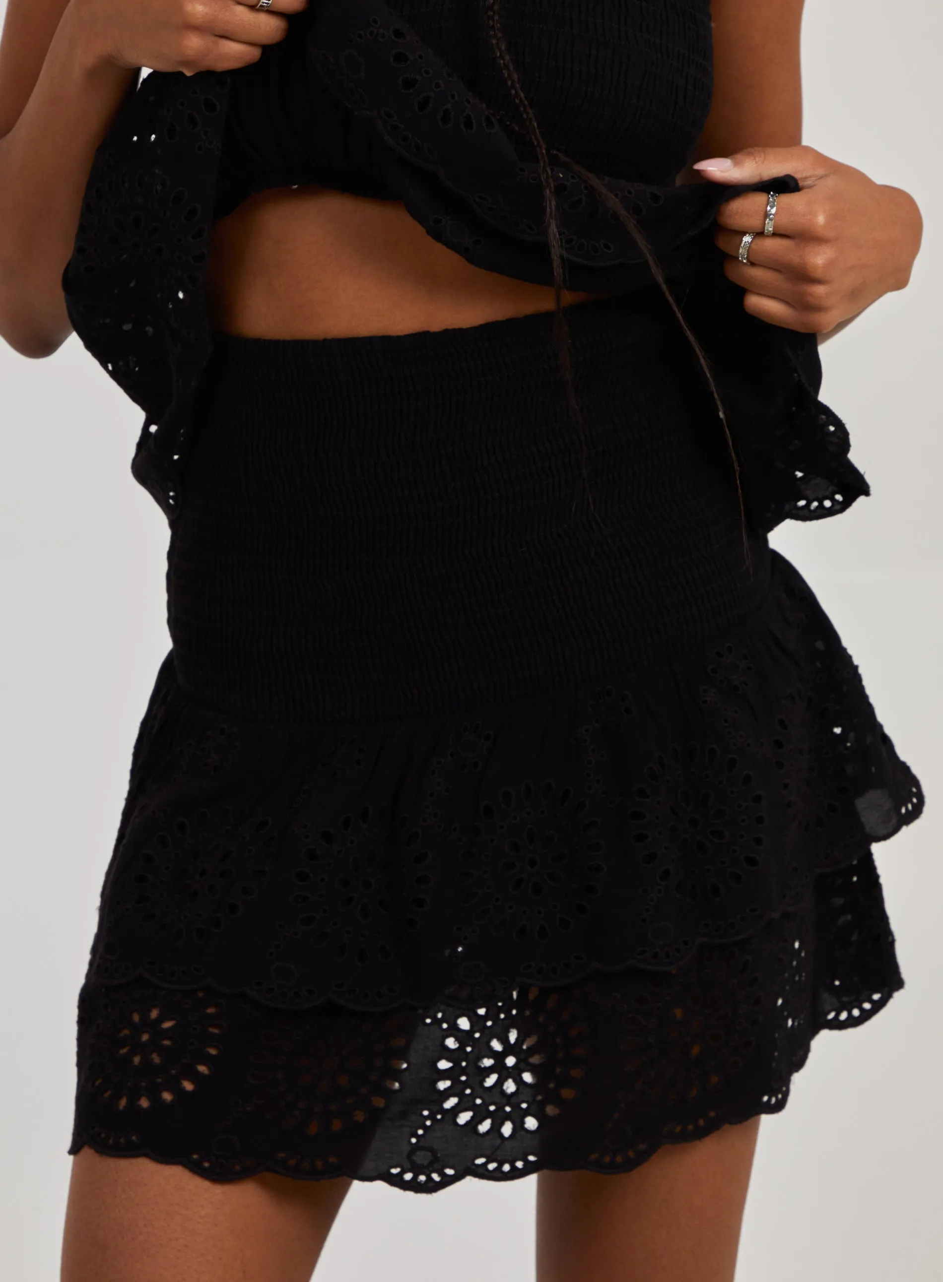 Shirred Broderie Ruffle Mini Skirt
