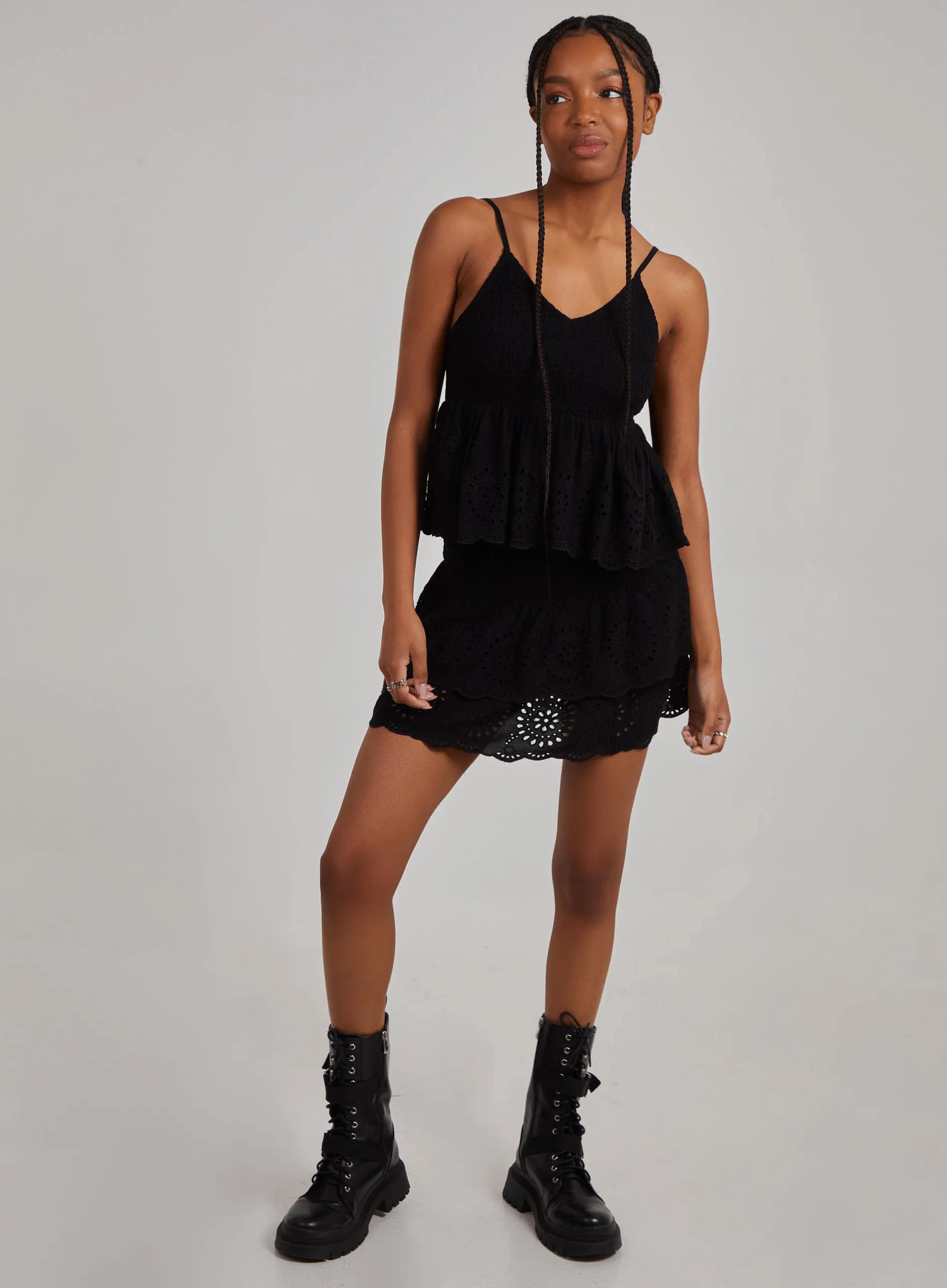 Shirred Broderie Ruffle Mini Skirt