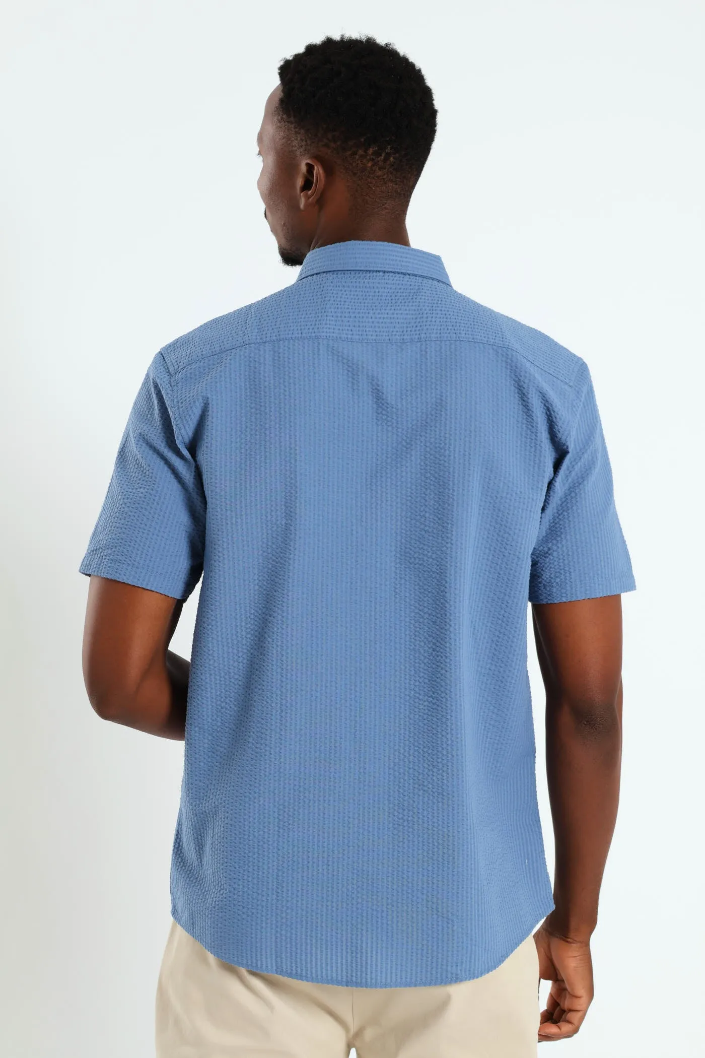 Short Sleeve Seersucker Shirt - Blue