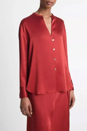 Silk Band-Collar Blouse in Dark Scarlet