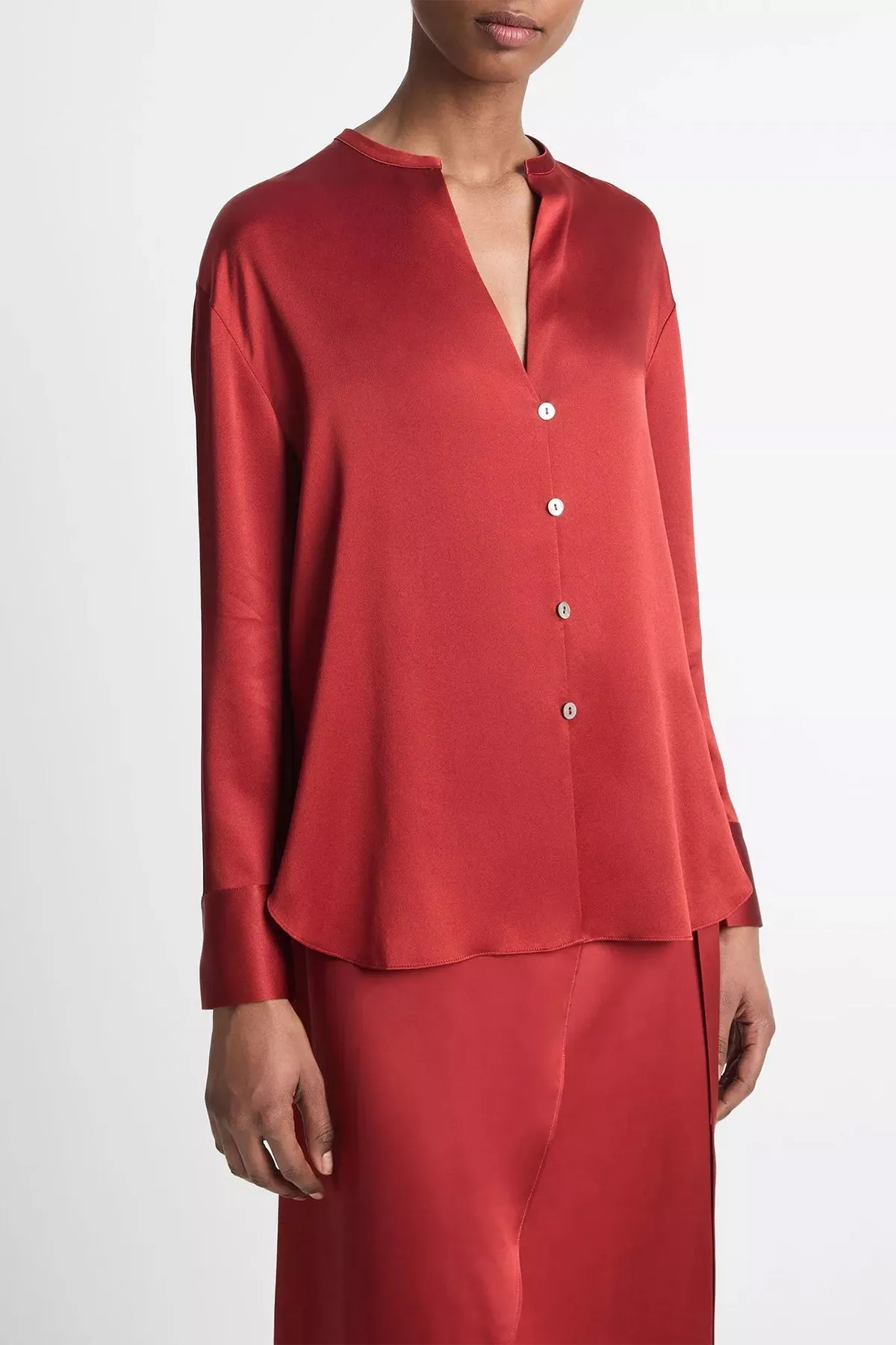 Silk Band-Collar Blouse in Dark Scarlet