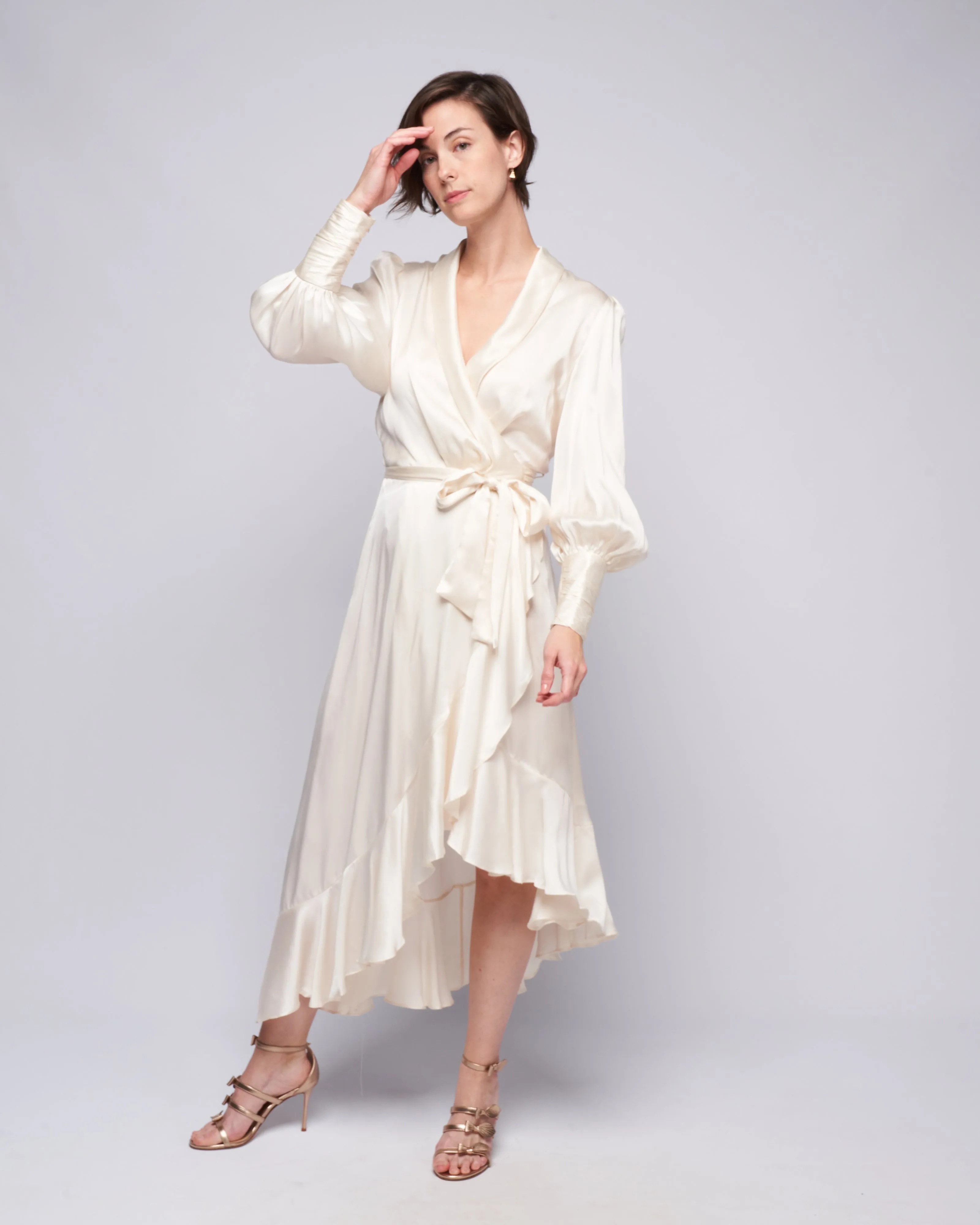 silk wrap midi dress - cream