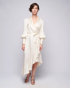 silk wrap midi dress - cream