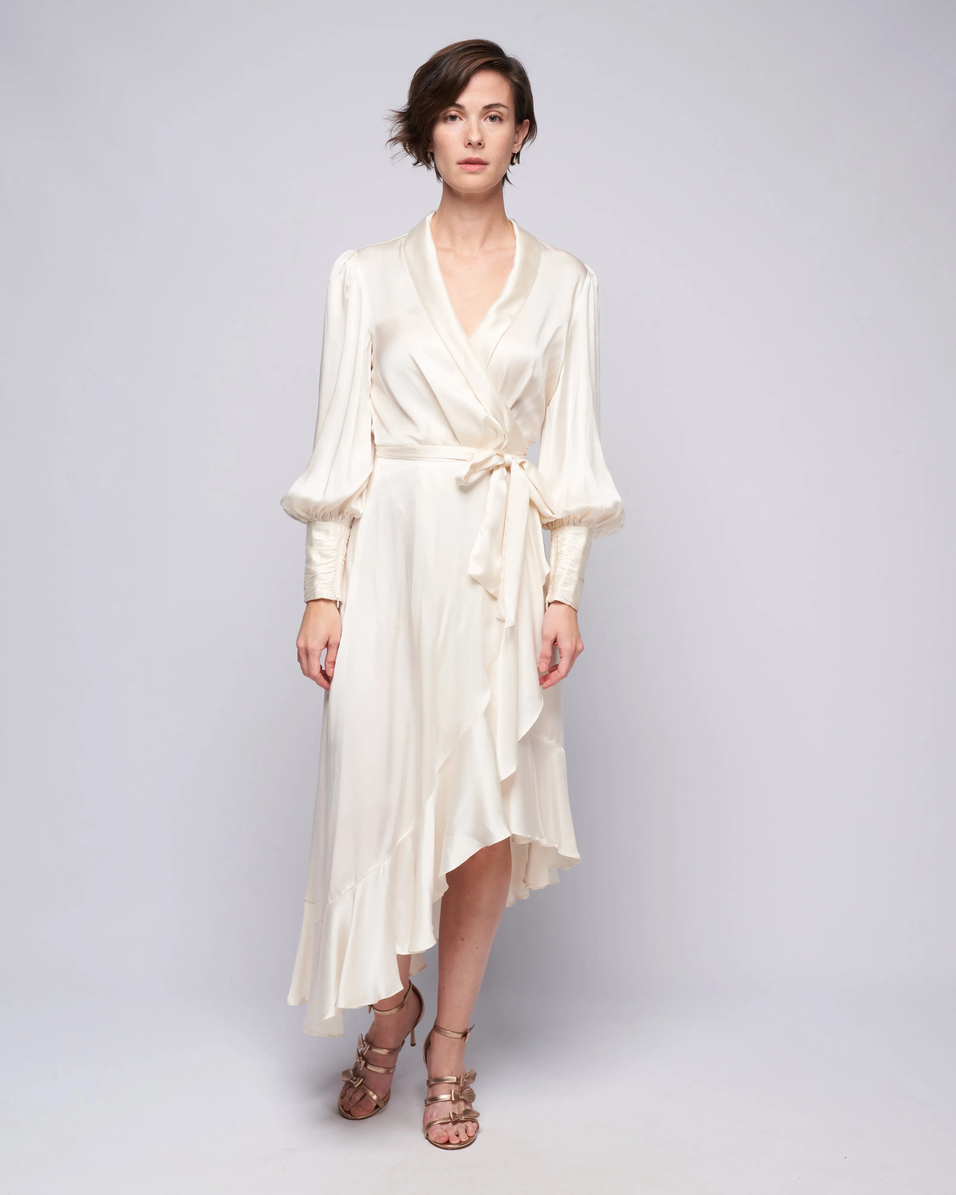 silk wrap midi dress - cream