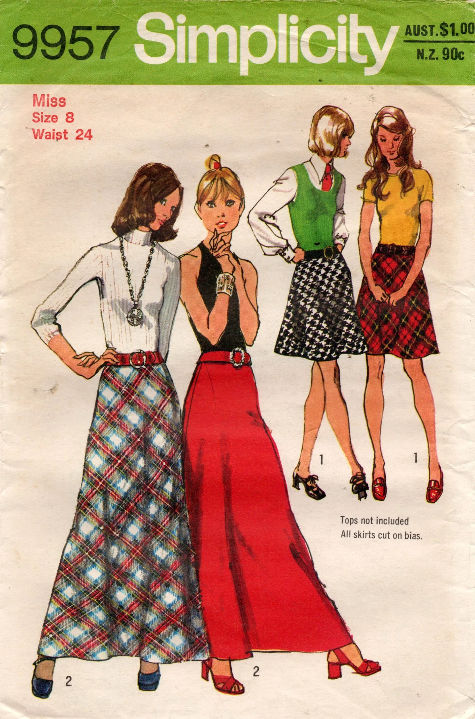 Simplicity 9957 Womens Bias Cut Mini Maxi Skirts & Belt 1970s Vintage Sewing Pattern Waist 24  or 30 inches
