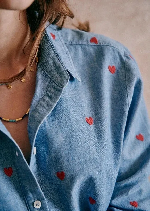 Single-breasted Love Shape Embroidery Lapel Denim Shirts