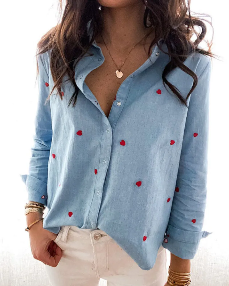 Single-breasted Love Shape Embroidery Lapel Denim Shirts