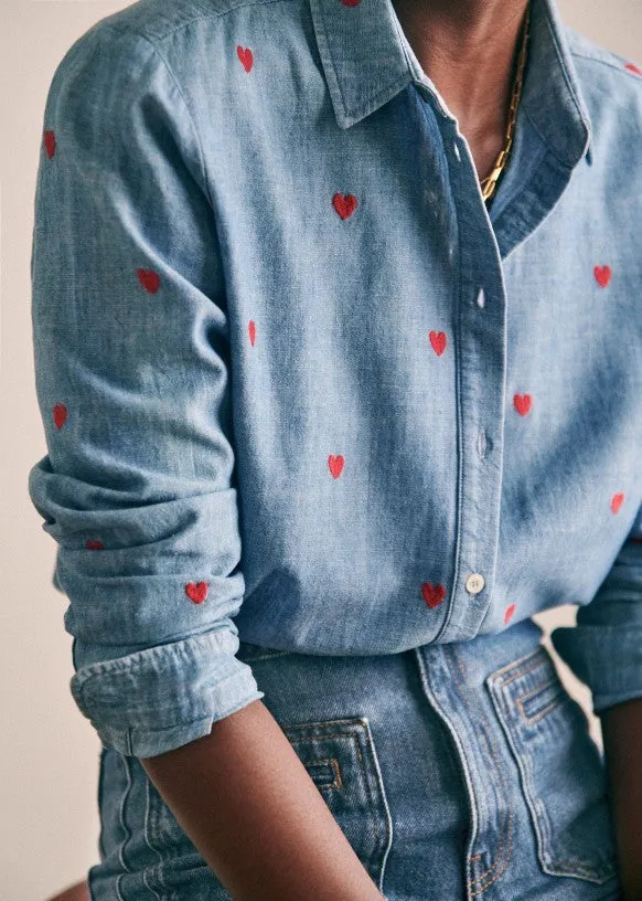 Single-breasted Love Shape Embroidery Lapel Denim Shirts