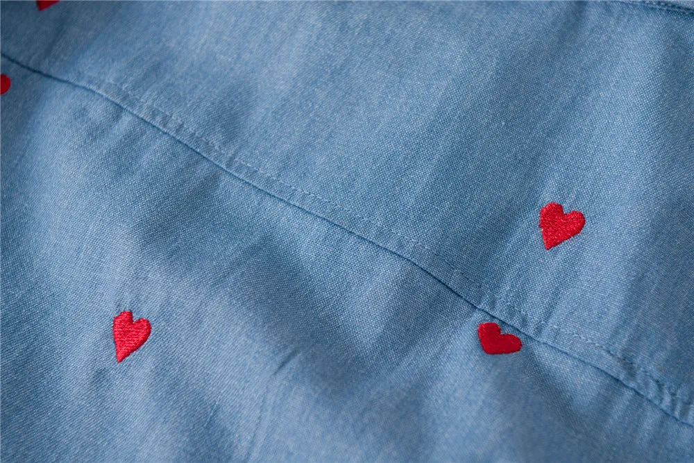 Single-breasted Love Shape Embroidery Lapel Denim Shirts