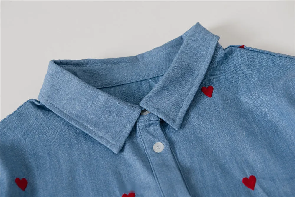 Single-breasted Love Shape Embroidery Lapel Denim Shirts