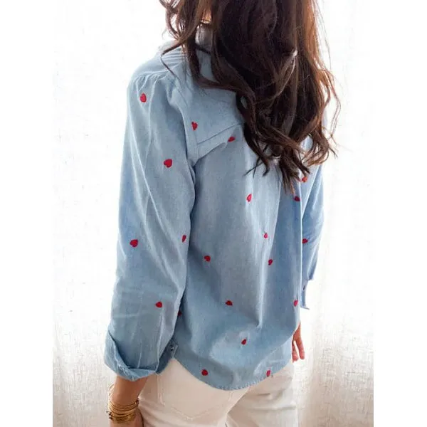 Single-breasted Love Shape Embroidery Lapel Denim Shirts