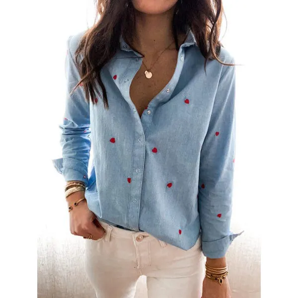 Single-breasted Love Shape Embroidery Lapel Denim Shirts