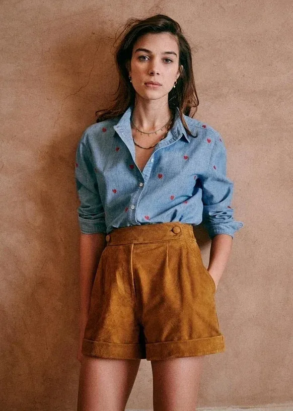 Single-breasted Love Shape Embroidery Lapel Denim Shirts