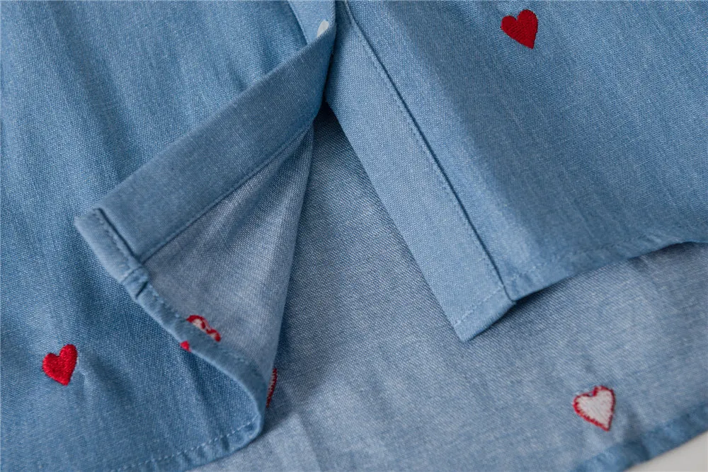 Single-breasted Love Shape Embroidery Lapel Denim Shirts