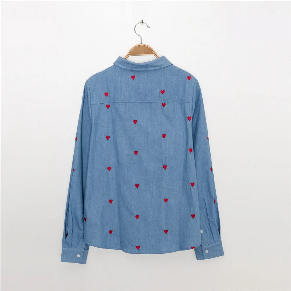 Single-breasted Love Shape Embroidery Lapel Denim Shirts