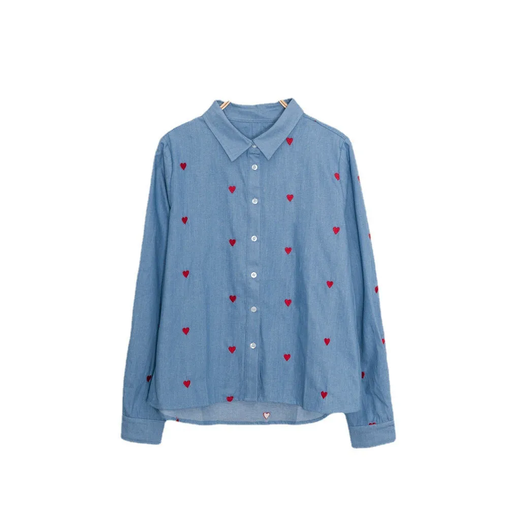 Single-breasted Love Shape Embroidery Lapel Denim Shirts