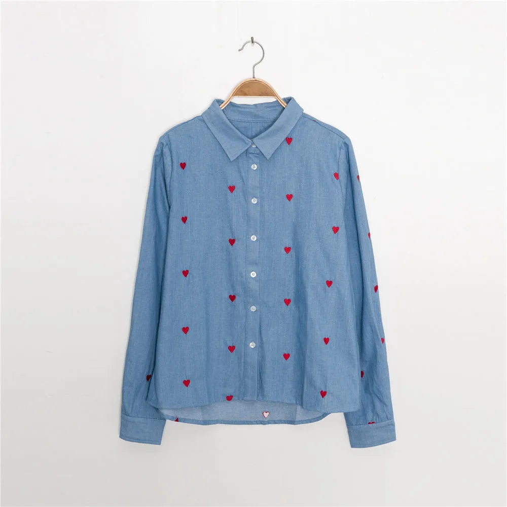 Single-breasted Love Shape Embroidery Lapel Denim Shirts