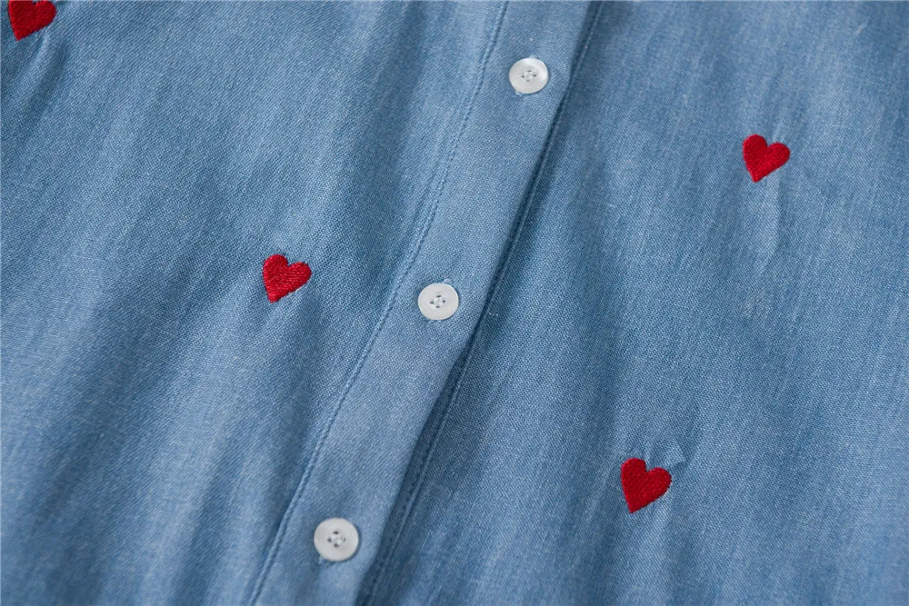 Single-breasted Love Shape Embroidery Lapel Denim Shirts
