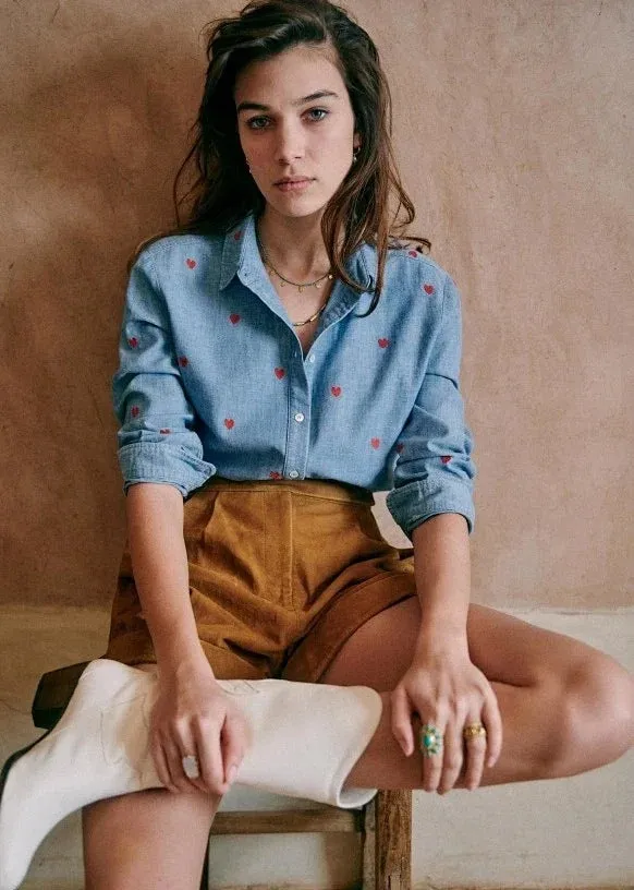 Single-breasted Love Shape Embroidery Lapel Denim Shirts
