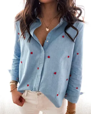 Single-breasted Love Shape Embroidery Lapel Denim Shirts