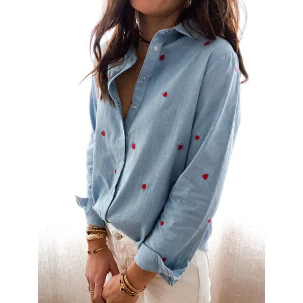Single-breasted Love Shape Embroidery Lapel Denim Shirts