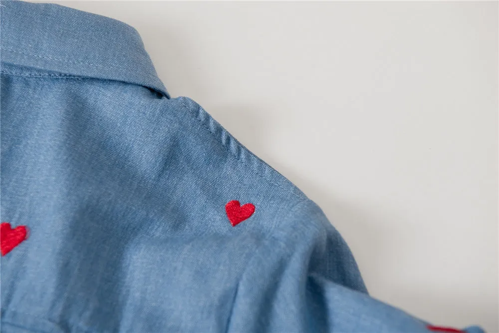 Single-breasted Love Shape Embroidery Lapel Denim Shirts