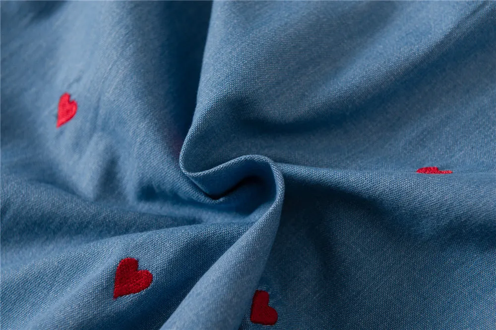 Single-breasted Love Shape Embroidery Lapel Denim Shirts