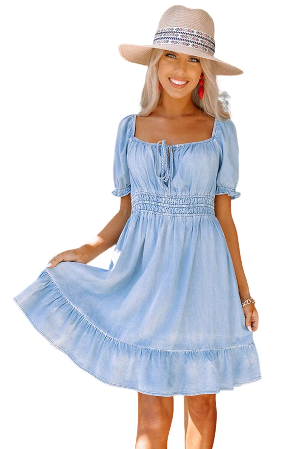Sky Blue Square Neck Front Tie Ruffled Hem Chambray Dress