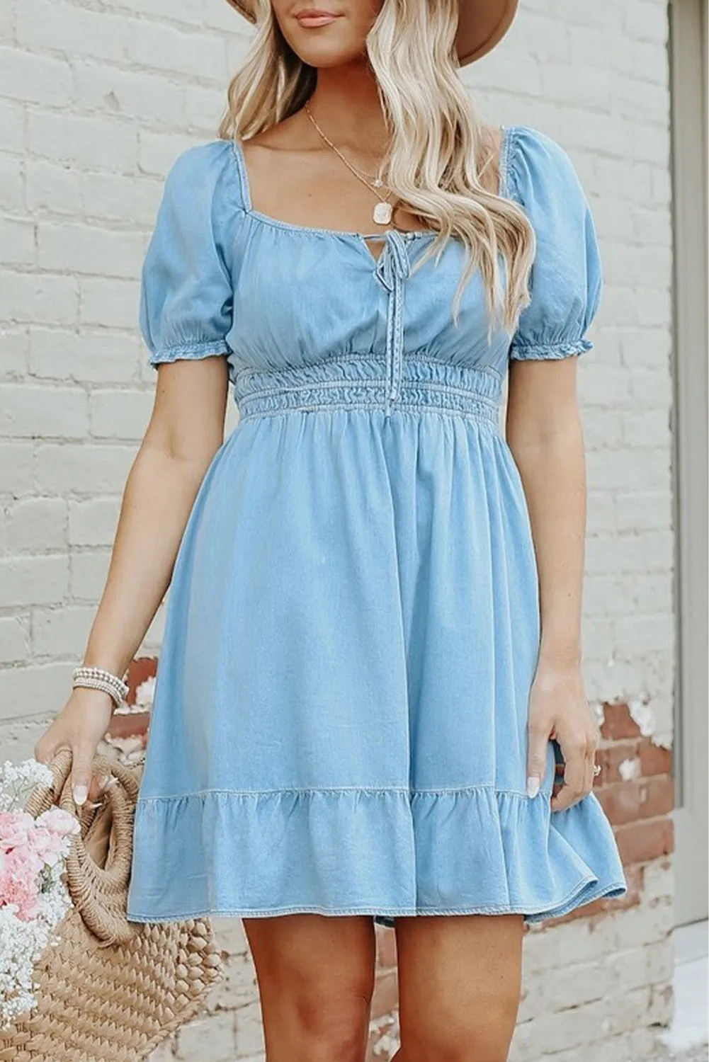 Sky Blue Square Neck Front Tie Ruffled Hem Chambray Dress