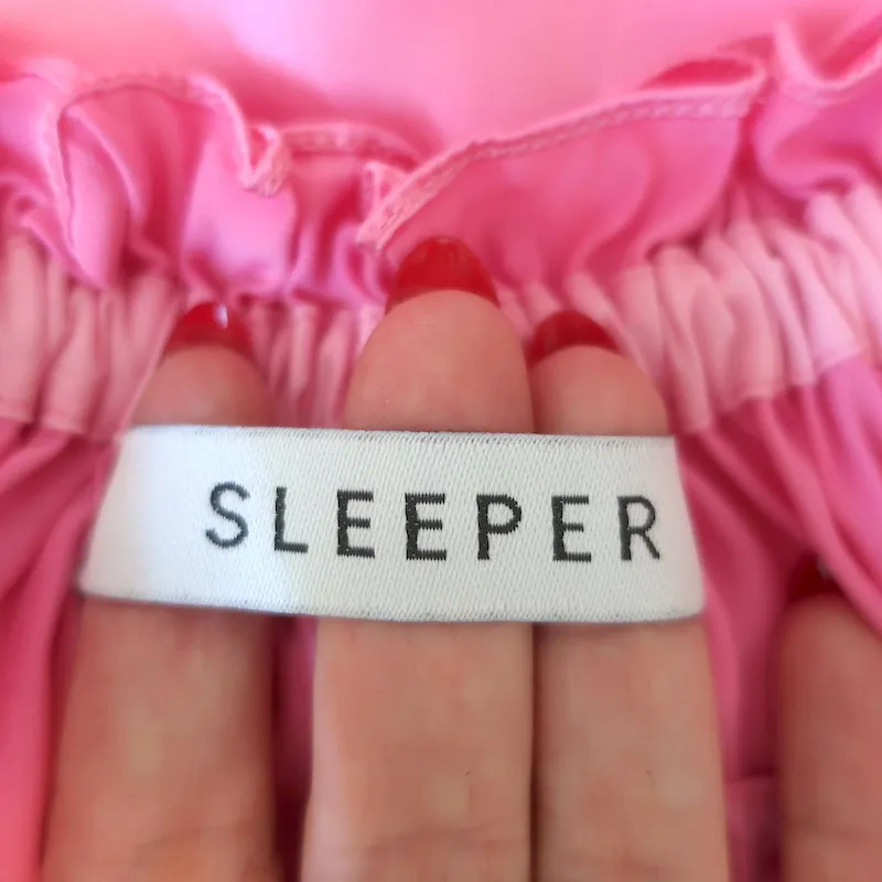 Sleeper Ruffled Off the Shoulder Midi Dress Zephyr Pink Silk Satin Size 1