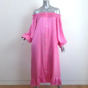 Sleeper Ruffled Off the Shoulder Midi Dress Zephyr Pink Silk Satin Size 1