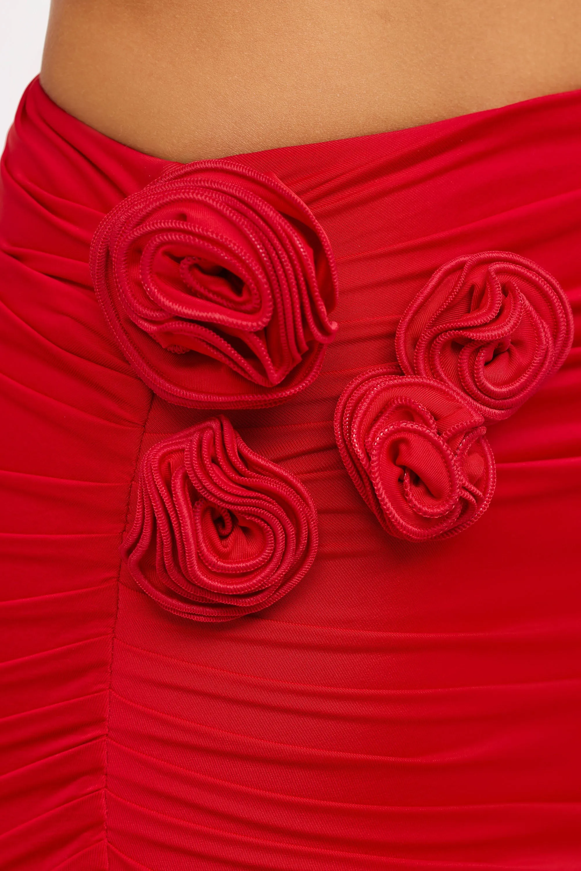 Slinky Jersey Rose Detail Mid-Rise Maxi Skirt in Scarlet Red