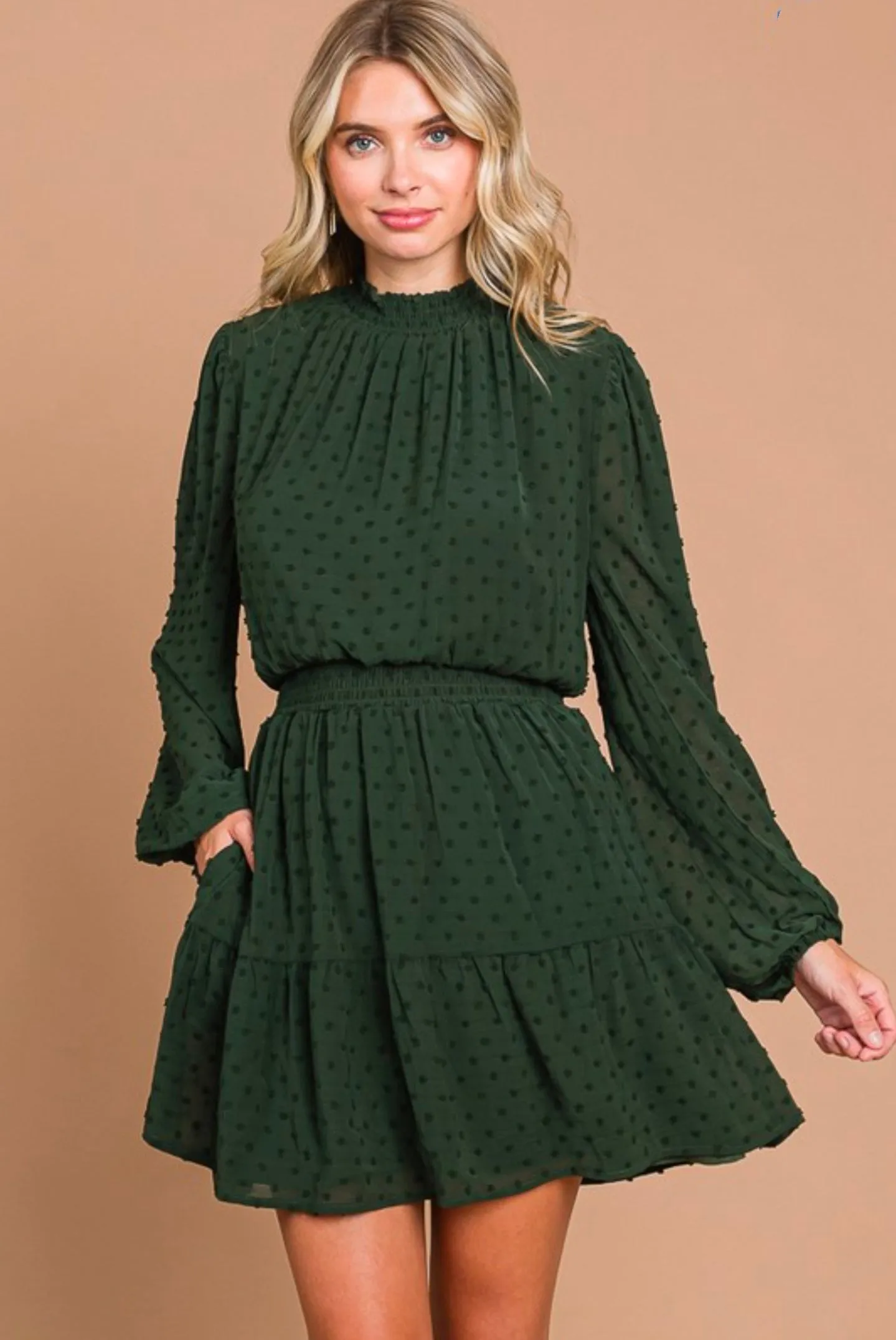 SMOCK NECK MINI DRESS
