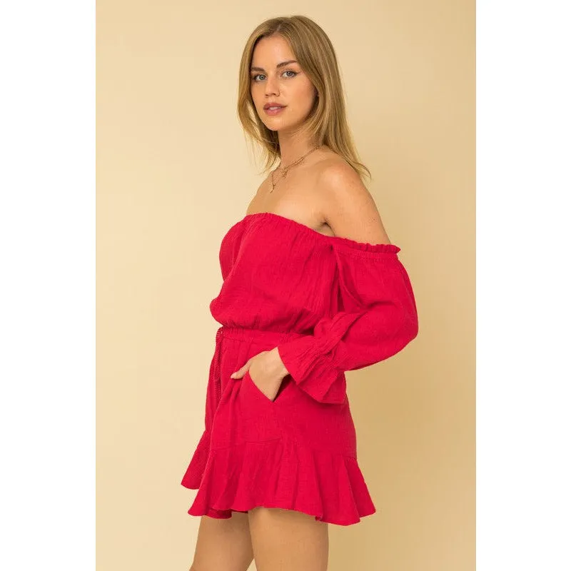 So Hype Off Shoulder Romper - Berry Red