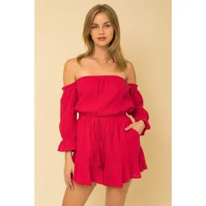 So Hype Off Shoulder Romper - Berry Red