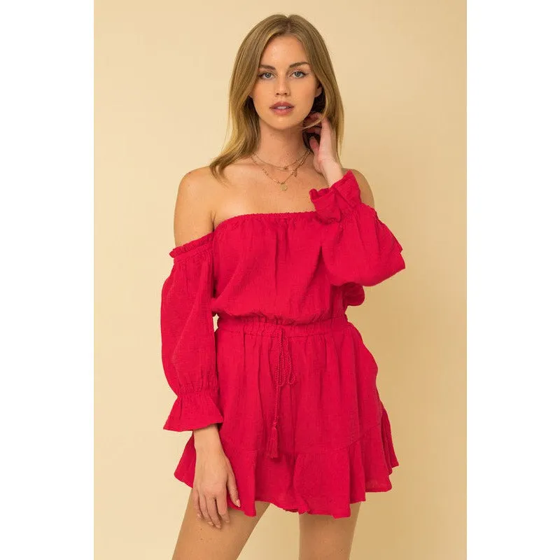 So Hype Off Shoulder Romper - Berry Red
