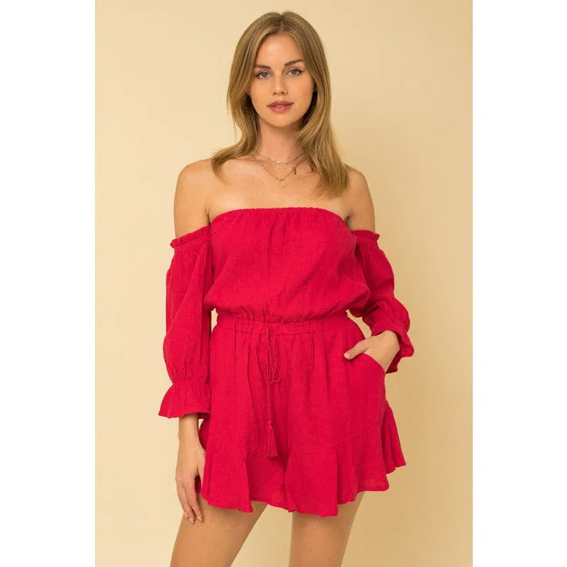 So Hype Off Shoulder Romper - Berry Red