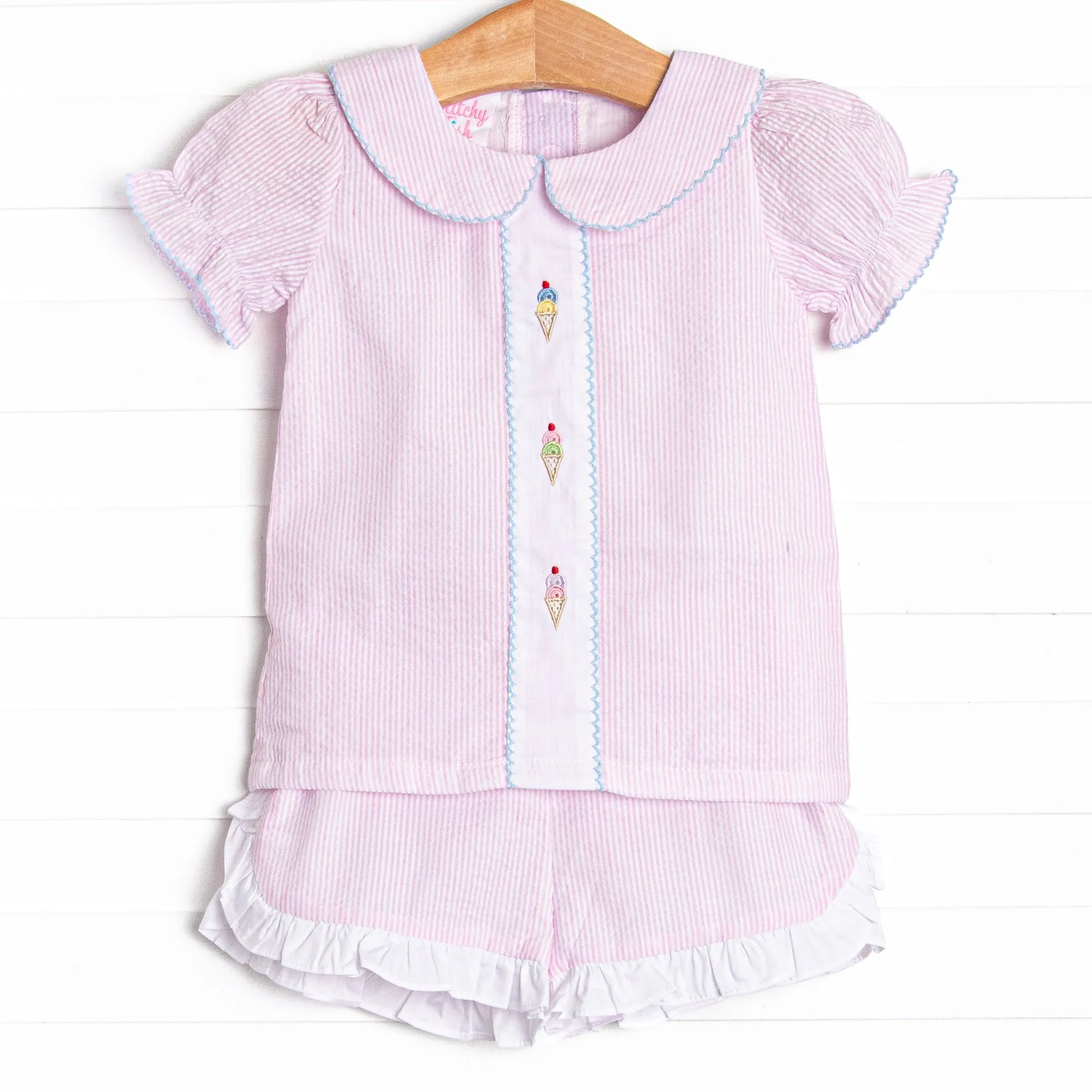 Soft Serve Swirls Embroidered Short Set, Pink