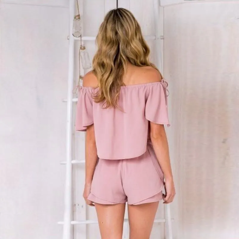 Solid Color Off-Shoulder & Shorts (2 Piece Set)