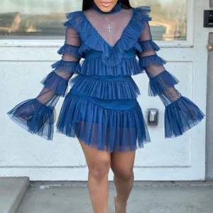 Solid Long Sleeve Ruffle Design Sheer Mesh 2PCS Dress Set