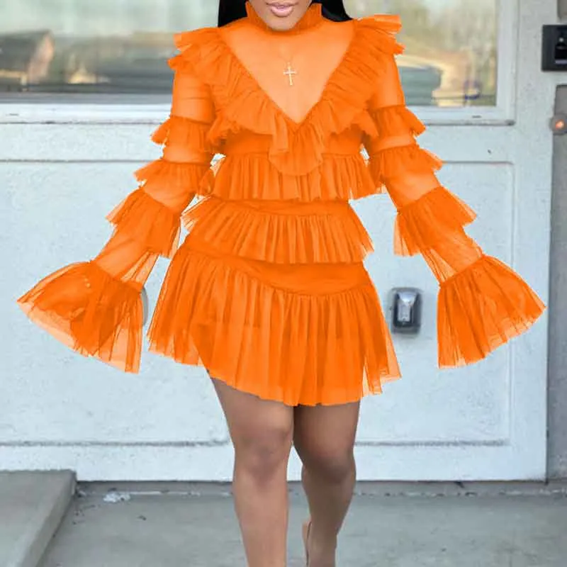 Solid Long Sleeve Ruffle Design Sheer Mesh 2PCS Dress Set