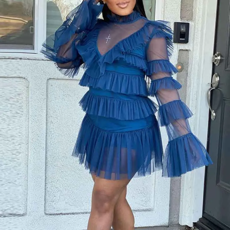 Solid Long Sleeve Ruffle Design Sheer Mesh 2PCS Dress Set