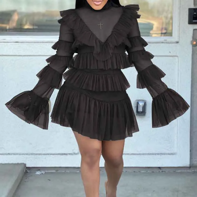 Solid Long Sleeve Ruffle Design Sheer Mesh 2PCS Dress Set